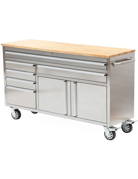 Heavy Duty Steel Rolling Tool Chest with Wooden Worktop 6 Drawers 1 Double-Door Side Cabinet 1674x489x907mm Stainless Steel | St