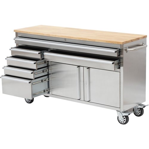Heavy Duty Steel Rolling Tool Chest with Wooden Worktop 6 Drawers 1 Double-Door Side Cabinet 1674x489x907mm Stainless Steel | St