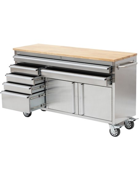 Heavy Duty Steel Rolling Tool Chest with Wooden Worktop 6 Drawers 1 Double-Door Side Cabinet 1674x489x907mm Stainless Steel | St
