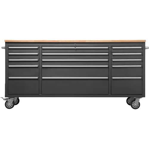 Heavy Duty Steel Rolling Tool Chest with Wooden Worktop 15 Drawers 1978x485x908mm Black | Stalwart DA-722038ABLACK