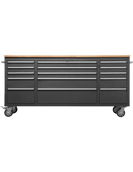 Heavy Duty Steel Rolling Tool Chest with Wooden Worktop 15 Drawers 1978x485x908mm Black | Stalwart DA-722038ABLACK