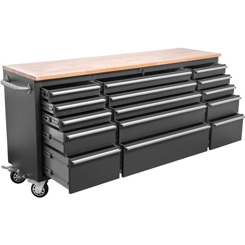Heavy Duty Steel Rolling Tool Chest with Wooden Worktop 15 Drawers 1978x485x908mm Black | Stalwart DA-722038ABLACK