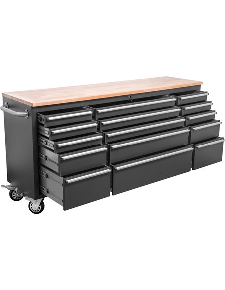 Heavy Duty Steel Rolling Tool Chest with Wooden Worktop 15 Drawers 1978x485x908mm Black | Stalwart DA-722038ABLACK