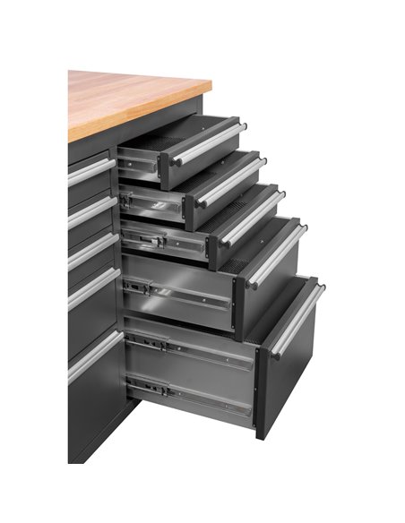 Heavy Duty Steel Rolling Tool Chest with Wooden Worktop 15 Drawers 1978x485x908mm Black | Stalwart DA-722038ABLACK