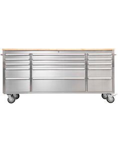 Heavy Duty Steel Rolling Tool Chest with Wooden Worktop 15 Drawers 1978x485x908mm Stainless Steel | Stalwart DA-722038ASILVER