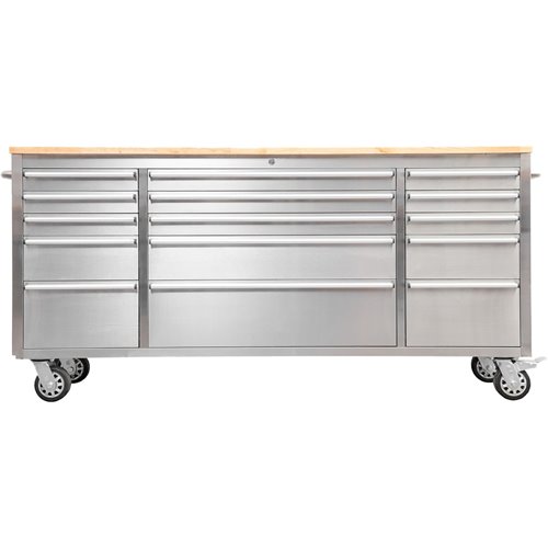 Heavy Duty Steel Rolling Tool Chest with Wooden Worktop 15 Drawers 1978x485x908mm Stainless Steel | Stalwart DA-722038ASILVER