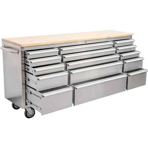 Heavy Duty Steel Rolling Tool Chest with Wooden Worktop 15 Drawers 1978x485x908mm Stainless Steel | Stalwart DA-722038ASILVER