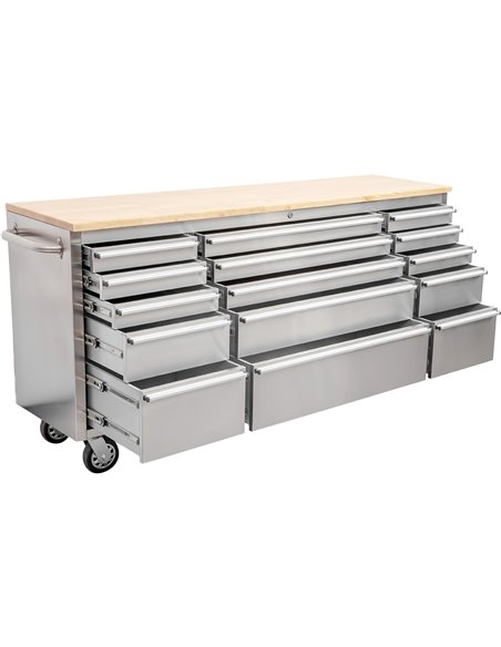 Heavy Duty Steel Rolling Tool Chest with Wooden Worktop 15 Drawers 1978x485x908mm Stainless Steel | Stalwart DA-722038ASILVER