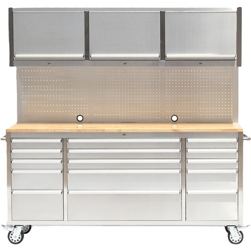 Heavy Duty Steel Rolling Tool Chest with Wooden Worktop 15 Drawers 3 Overhead Cabinets 1978x510x1828mm Stainless Steel | Stalwar