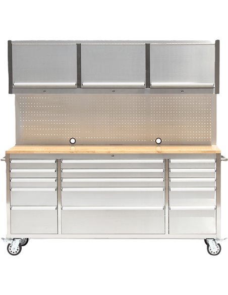Heavy Duty Steel Rolling Tool Chest with Wooden Worktop 15 Drawers 3 Overhead Cabinets 1978x510x1828mm Stainless Steel | Stalwar