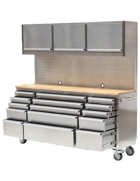 Heavy Duty Steel Rolling Tool Chest with Wooden Worktop 15 Drawers 3 Overhead Cabinets 1978x510x1828mm Stainless Steel | Stalwar