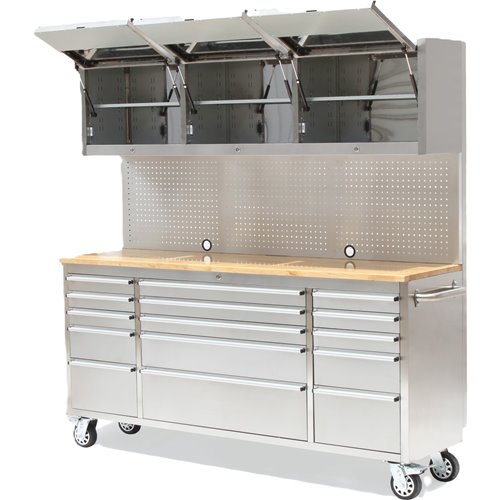 Heavy Duty Steel Rolling Tool Chest with Wooden Worktop 15 Drawers 3 Overhead Cabinets 1978x510x1828mm Stainless Steel | Stalwar