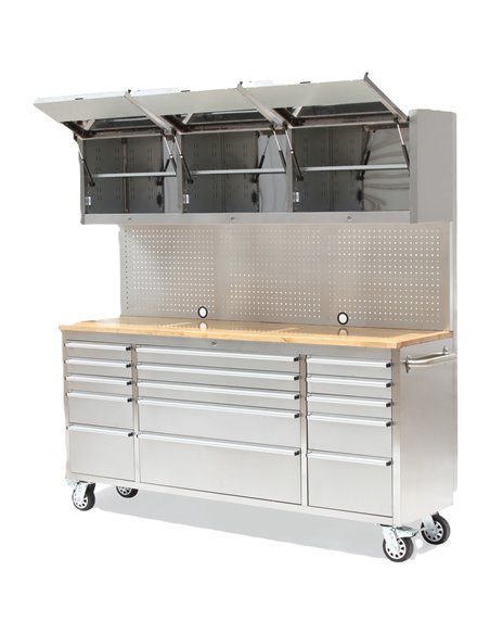 Heavy Duty Steel Rolling Tool Chest with Wooden Worktop 15 Drawers 3 Overhead Cabinets 1978x510x1828mm Stainless Steel | Stalwar