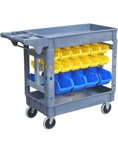 Professional 2-Tier Utility Trolley with Storage Bin Rack &amp 32 Plastic Bins 227kg Capacity 790x430mm | Stalwart DA-PSB7943232