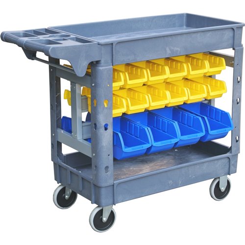 Professional 2-Tier Utility Trolley with Storage Bin Rack &amp 42 Plastic Bins 227kg Capacity 950x650mm | Stalwart DA-PSB9565242