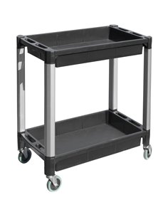 Professional Heavy Duty 2-Tier Plastic Utility Trolley with Raised Edge Trays &amp Steel Legs 136kg Capacity 760x410mm | Stalwar