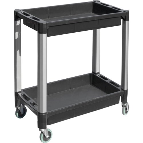 Professional Heavy Duty 2-Tier Plastic Utility Trolley with Raised Edge Trays &amp Steel Legs 136kg Capacity 760x410mm | Stalwar