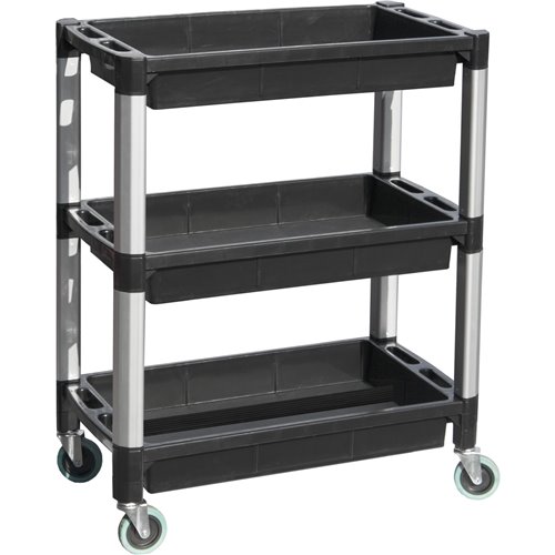 Professional Heavy Duty 3-Tier Plastic Utility Trolley with Raised Edge Trays &amp Steel Legs 136kg Capacity 760x410mm | Stalwar