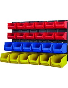 Professional Wall Mounted 4-Tier Bin Rack with 22 Plastic Storage Bins 50kg Capacity 635x340mm | Stalwart DA-MW2401