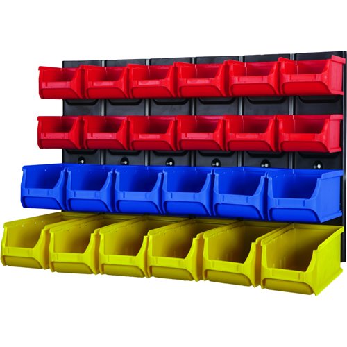Professional Wall Mounted 4-Tier Bin Rack with 22 Plastic Storage Bins 50kg Capacity 635x340mm | Stalwart DA-MW2401