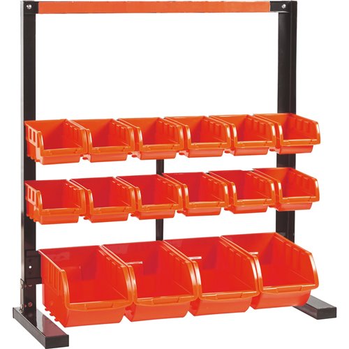 Professional 3 Tier Steel Floor Standing Storage Bin Rack with Magnetic Tool Holder and 16 Removable Bins 660x310x640mm | Stalwa