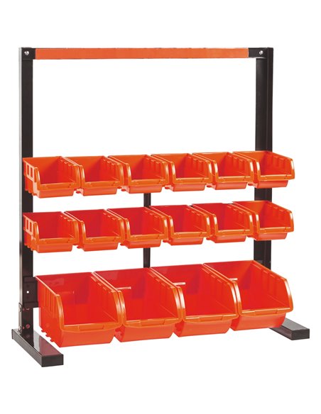 Professional 3 Tier Steel Floor Standing Storage Bin Rack with Magnetic Tool Holder and 16 Removable Bins 660x310x640mm | Stalwa