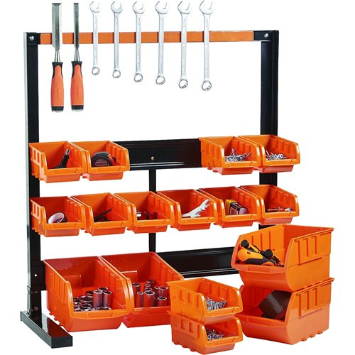 Professional 3 Tier Steel Floor Standing Storage Bin Rack with Magnetic Tool Holder and 16 Removable Bins 660x310x640mm | Stalwa