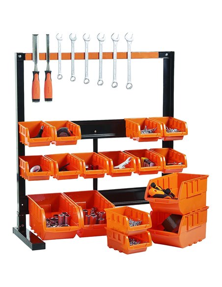 Professional 3 Tier Steel Floor Standing Storage Bin Rack with Magnetic Tool Holder and 16 Removable Bins 660x310x640mm | Stalwa