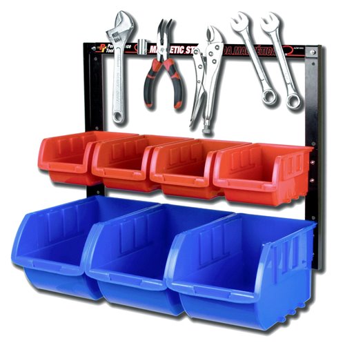 Wall Mounted Storage Rack with Magnetic Tool Holder and 7 Plastic Storage Bins 432x229x559mm | Stalwart DA-SBRT1707