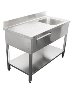 Commercial Sink with 1 drawer Stainless steel 1 bowl Right Bottom shelf Splashback 1400x600x950mm | Stalwart DA-DSA140601DR