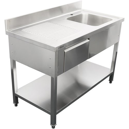 Commercial Sink with 1 drawer Stainless steel 1 bowl Right Bottom shelf Splashback 1400x600x950mm | Stalwart DA-DSA140601DR