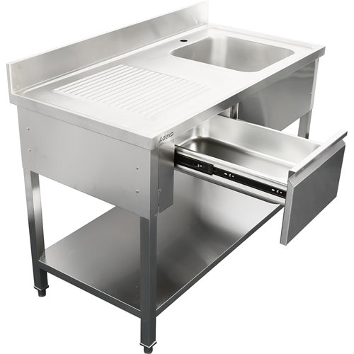 Commercial Sink with 1 drawer Stainless steel 1 bowl Right Bottom shelf Splashback 1400x600x950mm | Stalwart DA-DSA140601DR
