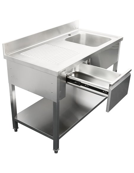 Commercial Sink with 1 drawer Stainless steel 1 bowl Right Bottom shelf Splashback 1400x600x950mm | Stalwart DA-DSA140601DR
