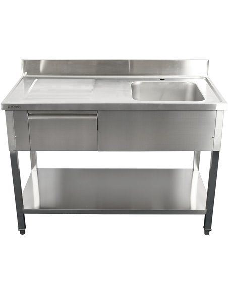 Commercial Sink with 1 drawer Stainless steel 1 bowl Right Bottom shelf Splashback 1400x600x950mm | Stalwart DA-DSA140601DR