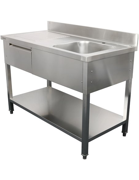 Commercial Sink with 1 drawer Stainless steel 1 bowl Right Bottom shelf Splashback 1400x600x950mm | Stalwart DA-DSA140601DR
