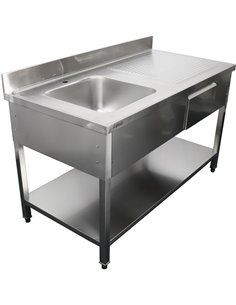 Commercial Sink Stainless steel 1200x600x950mm 1 bowl to the left 1 drawer Splashback | Stalwart DA-DSA120601DL