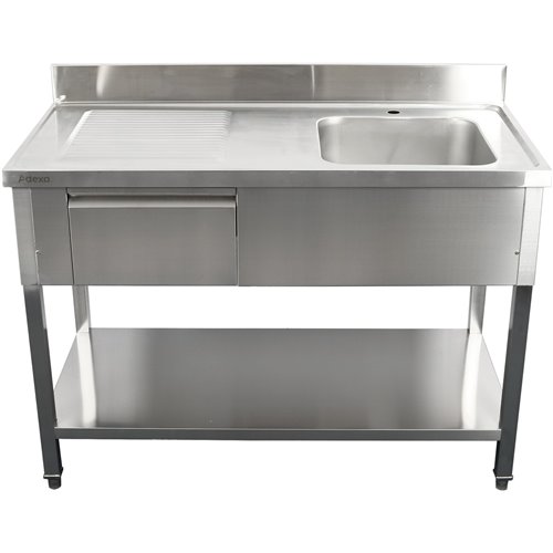 Commercial Sink Stainless steel 1200x600x950mm 1 bowl to the right 1 drawer Splashback | Stalwart DA-DSA120601DR