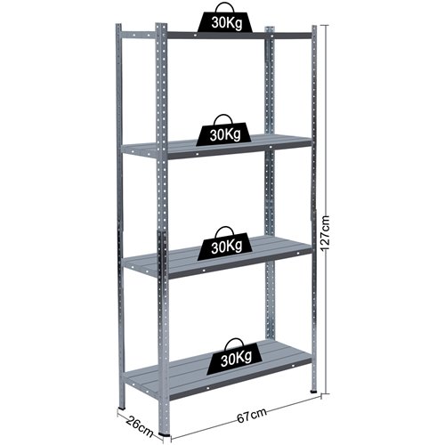 Galvanized Steel Shelving Unit 4-Tier 120kg Capacity (30kg per shelf) 670x260x1270mm | Stalwart DA-KFT26