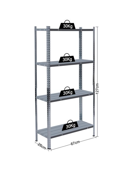 Galvanized Steel Shelving Unit 4-Tier 120kg Capacity (30kg per shelf) 670x260x1270mm | Stalwart DA-KFT26