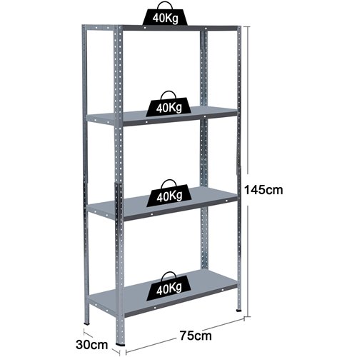Galvanized Steel Shelving Unit 4-Tier 160kg Capacity (40kg per shelf) 750x300x1450mm | Stalwart DA-KFT42