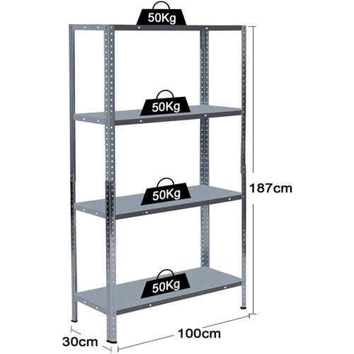 Galvanized Steel Shelving Unit 4-Tier 200kg Capacity (50kg per shelf) 1000x300x1870mm | Stalwart DA-KFT52S