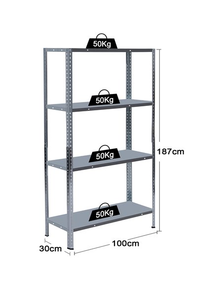 Galvanized Steel Shelving Unit 4-Tier 200kg Capacity (50kg per shelf) 1000x300x1870mm | Stalwart DA-KFT52S