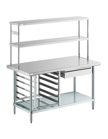 Commercial Stainless Steel Work Table with Overshelf, Drawer &amp GN Pan Rack 1500x700x1700mm | Stalwart DA-WT70150PS