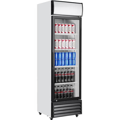 Commercial Upright Beverage Bottle Cooler 349 Litres Single Hinged Glass Door Black &amp White 606x620x1940mm | Stalwart DA-SSH2