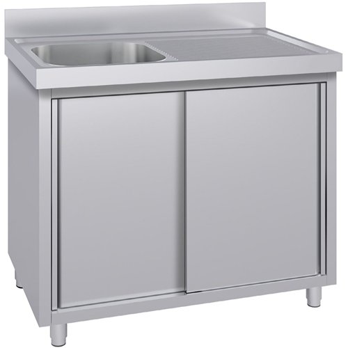 Commercial Stainless Steel Sink with Cupboard &amp Splashback 1 Bowl Left Side 1200x600x850mm | Stalwart DA-QNH1002