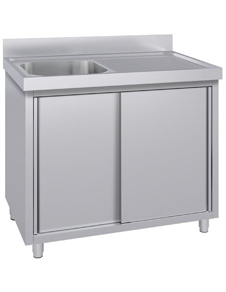 Commercial Stainless Steel Sink with Cupboard &amp Splashback 1 Bowl Left Side 1200x600x850mm | Stalwart DA-QNH1002