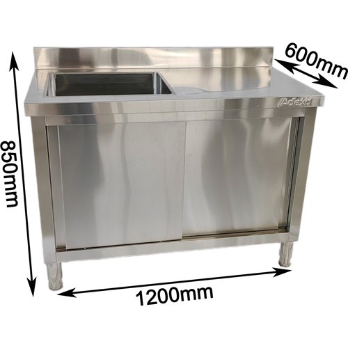 Commercial Stainless Steel Sink with Cupboard &amp Splashback 1 Bowl Left Side 1200x600x850mm | Stalwart DA-QNH1002