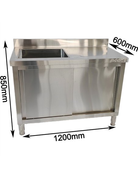 Commercial Stainless Steel Sink with Cupboard &amp Splashback 1 Bowl Left Side 1200x600x850mm | Stalwart DA-QNH1002