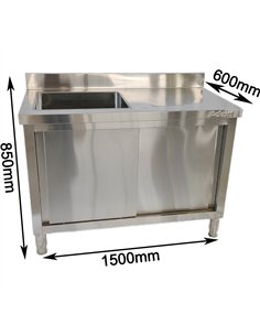 Commercial Stainless Steel Sink with Cupboard &amp Splashback 1 Bowl Left Side 1500x600x850mm | Stalwart DA-QNH1006 2