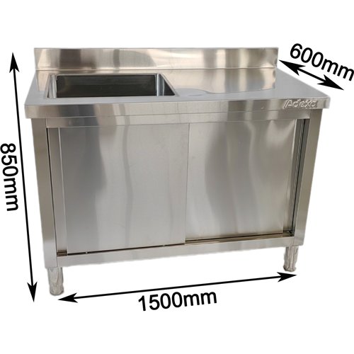 Commercial Stainless Steel Sink with Cupboard &amp Splashback 1 Bowl Left Side 1500x600x850mm | Stalwart DA-QNH1006